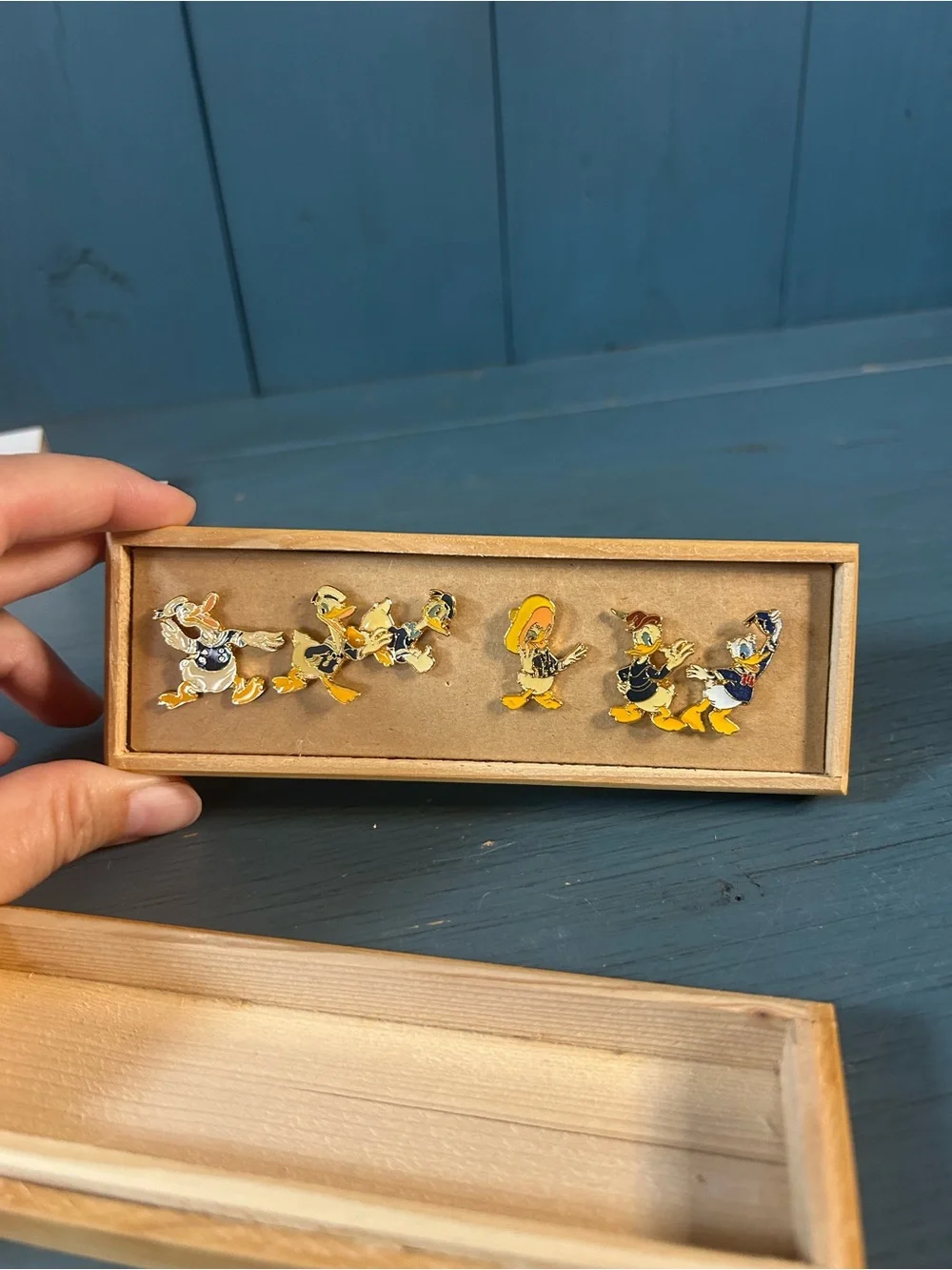 Vintage Disney - Set of 6 Donald Duck Character Pins in Wooden Collectors Box